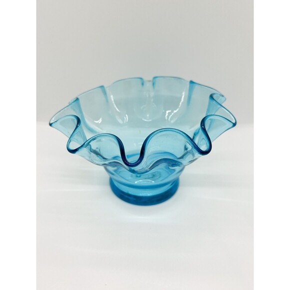 Handblown Glass Bowl Ruffle Edge Blue Candy Dish Aqua Vase Planter Handmade - Picture 2 of 9